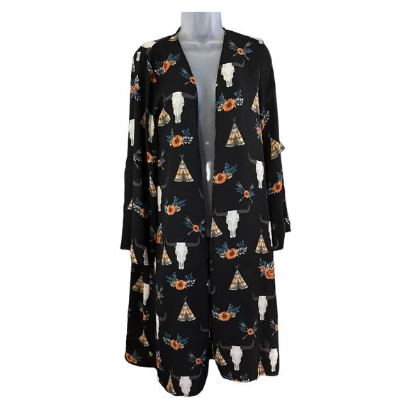 Boot Barn Berry N Cream Women’s Black Cow Skull Floral Boho Western Kimono OS - Picture 1 of 3